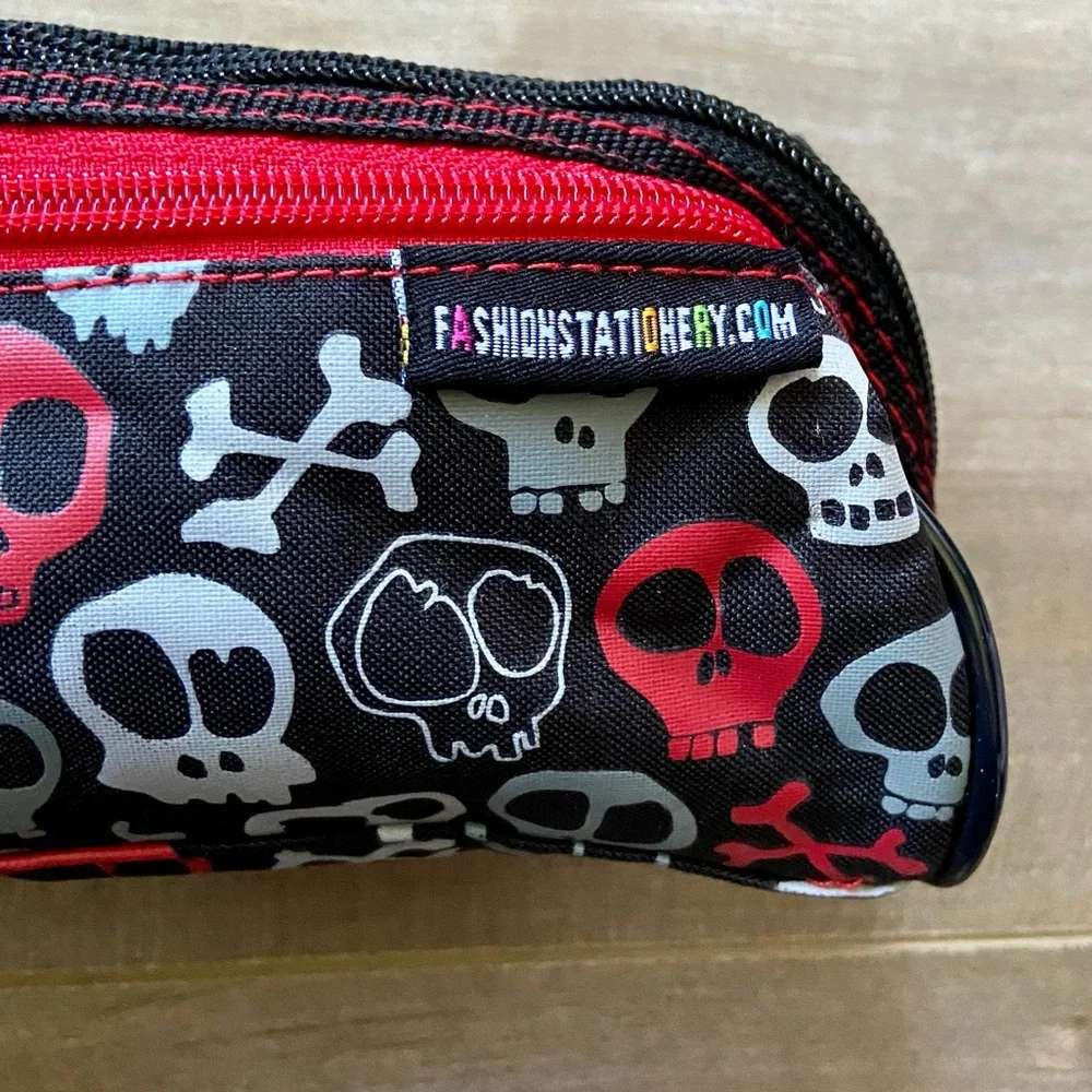 Fashion Stationary Black, Red and Gray Skull & Crossbones Double Zip Pencil Case